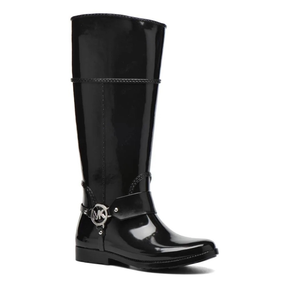 Michael Kors Fulton Harness Rain Knee Boots Black Designer Silver Logo Fall 8M